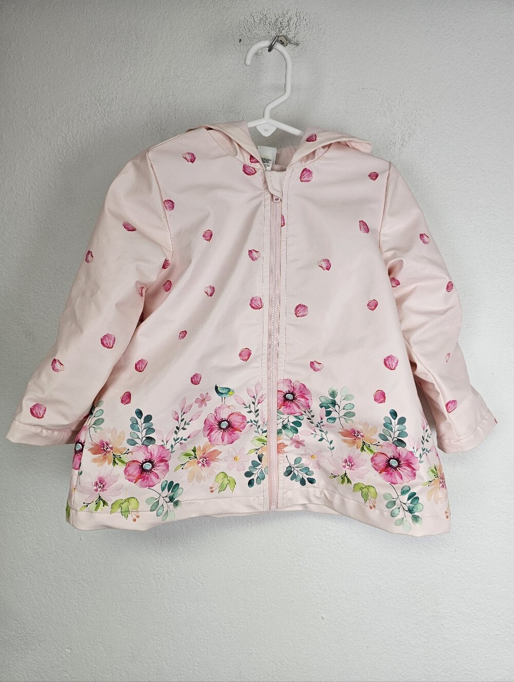 Girls' Pink Floral Hooded Rain Jacket Slicker Zip Front Sz 24 Months